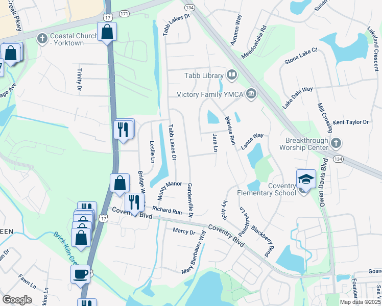 map of restaurants, bars, coffee shops, grocery stores, and more near 139 Gardenville Drive in Yorktown