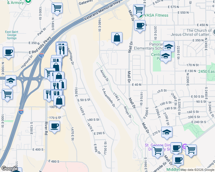 map of restaurants, bars, coffee shops, grocery stores, and more near 26 North Acantilado Drive in St. George