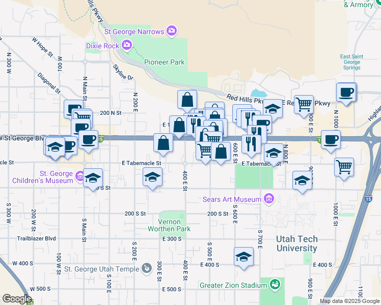 map of restaurants, bars, coffee shops, grocery stores, and more near 457 E Tabernacle St in St George
