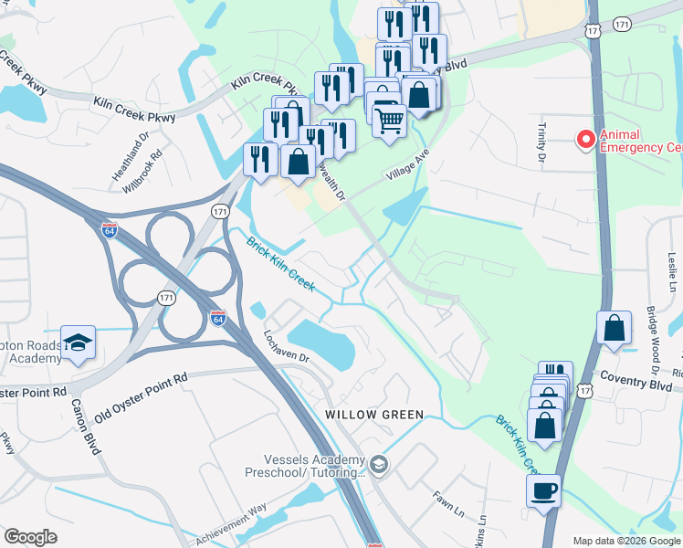 map of restaurants, bars, coffee shops, grocery stores, and more near 707 Stone Cove in Newport News
