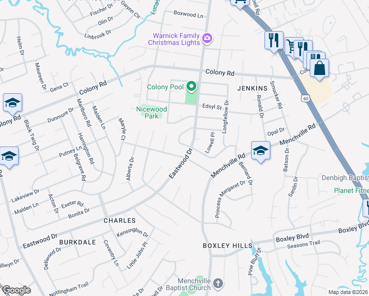 map of restaurants, bars, coffee shops, grocery stores, and more near 100 Allison Road in Newport News