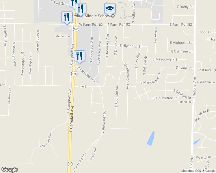 map of restaurants, bars, coffee shops, grocery stores, and more near 424 East Farm Road 186 in Springfield