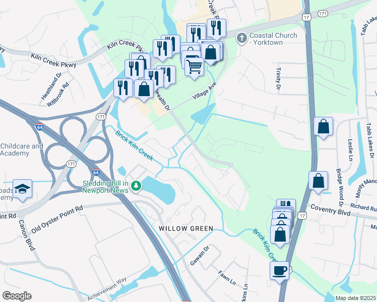 map of restaurants, bars, coffee shops, grocery stores, and more near 713 Oak Mill Lane in Newport News