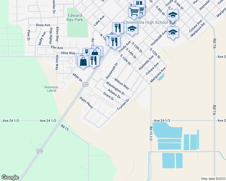 map of restaurants, bars, coffee shops, grocery stores, and more near 521 Adams Drive in Chowchilla