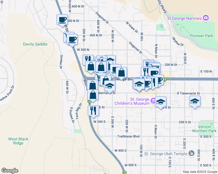 map of restaurants, bars, coffee shops, grocery stores, and more near 334 Tabernacle Street in St. George