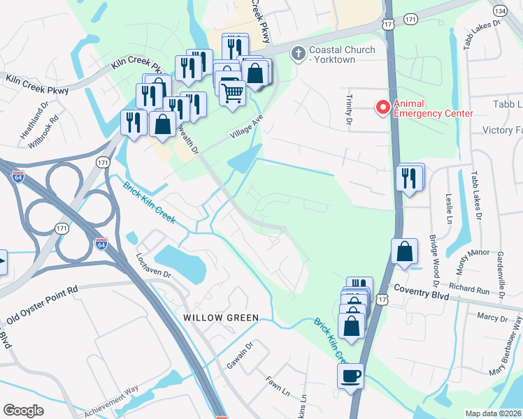 map of restaurants, bars, coffee shops, grocery stores, and more near 101 Mainsail Loop in Tabb