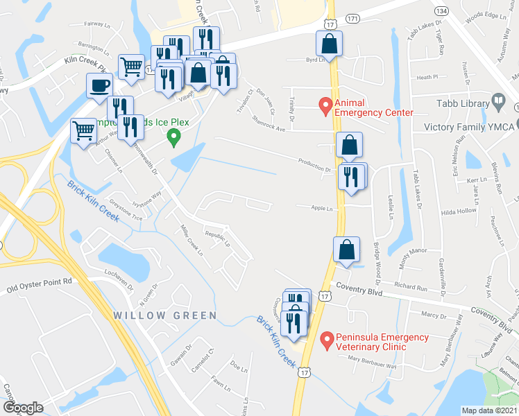 map of restaurants, bars, coffee shops, grocery stores, and more near 115 Mizzen Quarter Loop in Yorktown