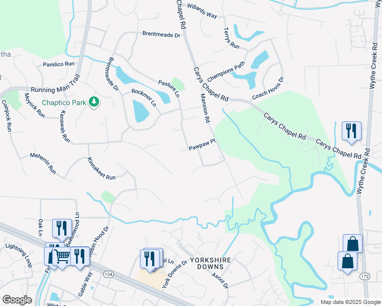 map of restaurants, bars, coffee shops, grocery stores, and more near 203 Pawpaw Place in Yorktown