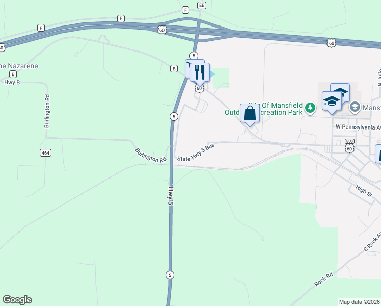 map of restaurants, bars, coffee shops, grocery stores, and more near 97-855 State Highway 5 Bus in Mansfield