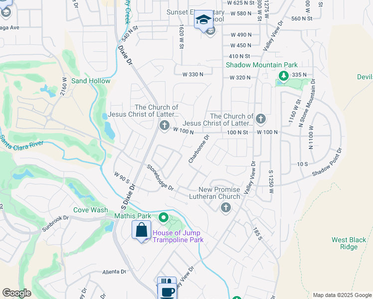 map of restaurants, bars, coffee shops, grocery stores, and more near 1730 Stonebridge Drive in St. George