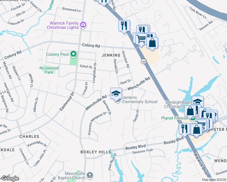 map of restaurants, bars, coffee shops, grocery stores, and more near 75 Menchville Road in Newport News