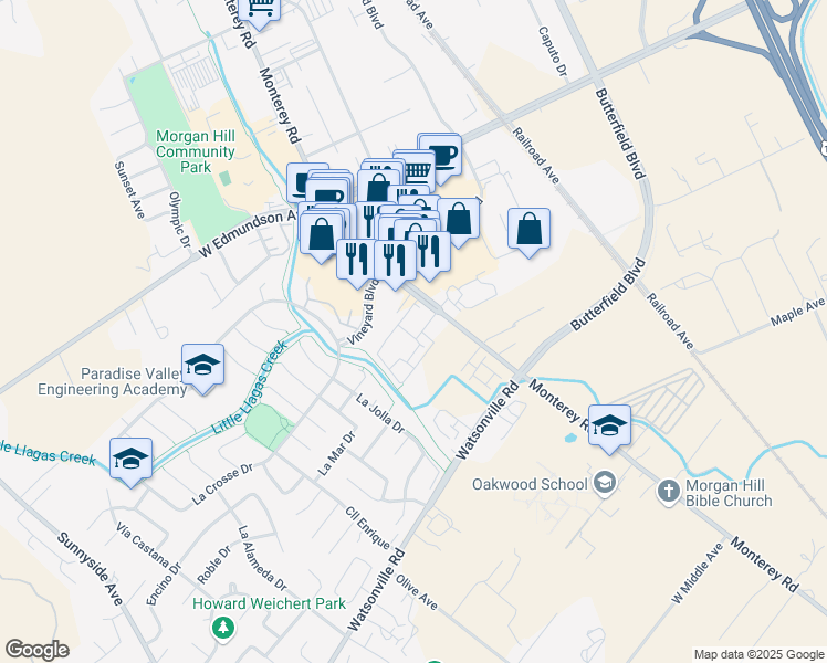 map of restaurants, bars, coffee shops, grocery stores, and more near 15725 Ibiza Lane in Morgan Hill