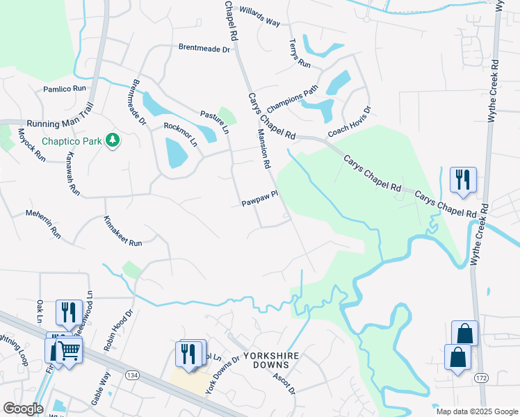 map of restaurants, bars, coffee shops, grocery stores, and more near 103 Ocracoke Lane in Yorktown
