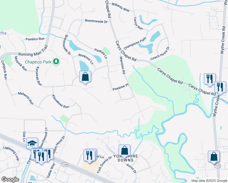 map of restaurants, bars, coffee shops, grocery stores, and more near 203 Pawpaw Place in Yorktown