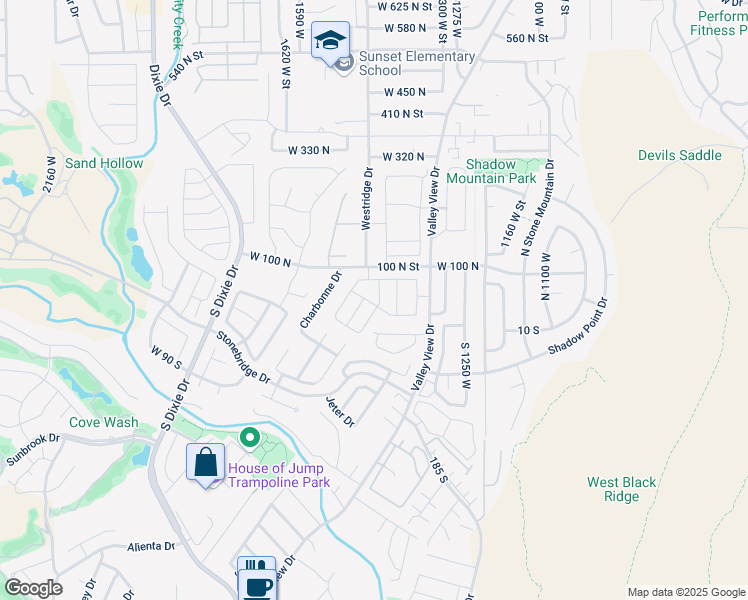 map of restaurants, bars, coffee shops, grocery stores, and more near 39 Valley View Drive in St. George