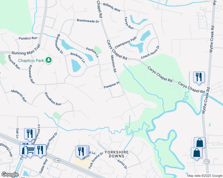 map of restaurants, bars, coffee shops, grocery stores, and more near 103 Ocracoke Lane in Yorktown