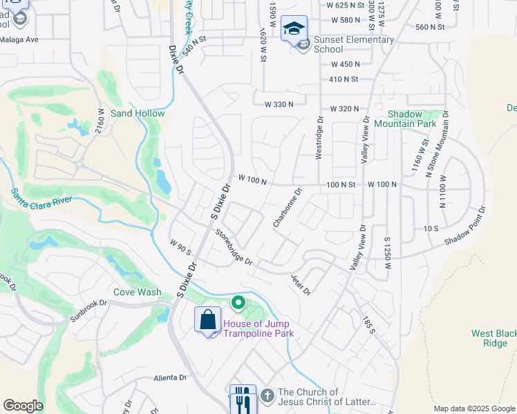 map of restaurants, bars, coffee shops, grocery stores, and more near 1730 Stonebridge Drive in St. George