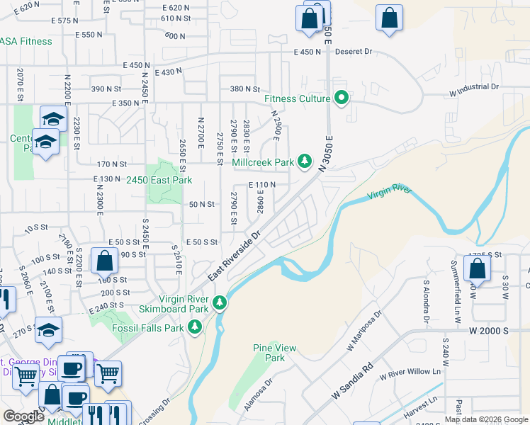 map of restaurants, bars, coffee shops, grocery stores, and more near 34 North Paradise Way in St. George
