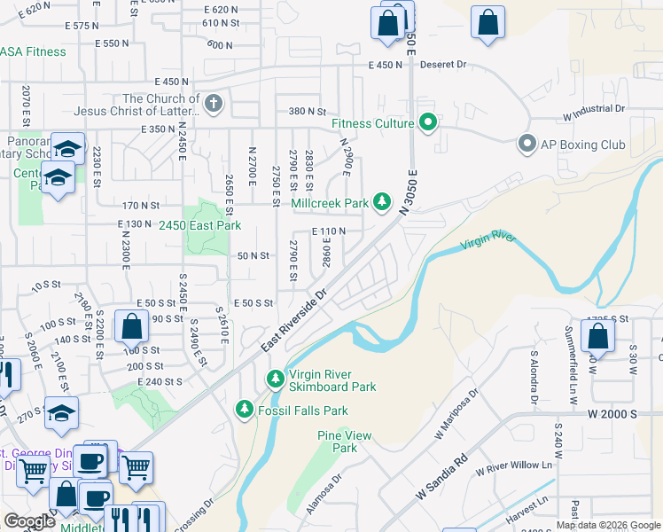 map of restaurants, bars, coffee shops, grocery stores, and more near 20 North Paradise Way in St. George