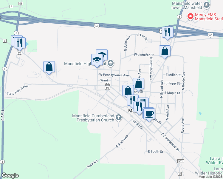 map of restaurants, bars, coffee shops, grocery stores, and more near 115-129 West Clinton Street in Mansfield
