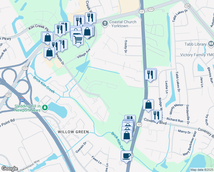 map of restaurants, bars, coffee shops, grocery stores, and more near 115 Mizzen Quarter Loop in Yorktown