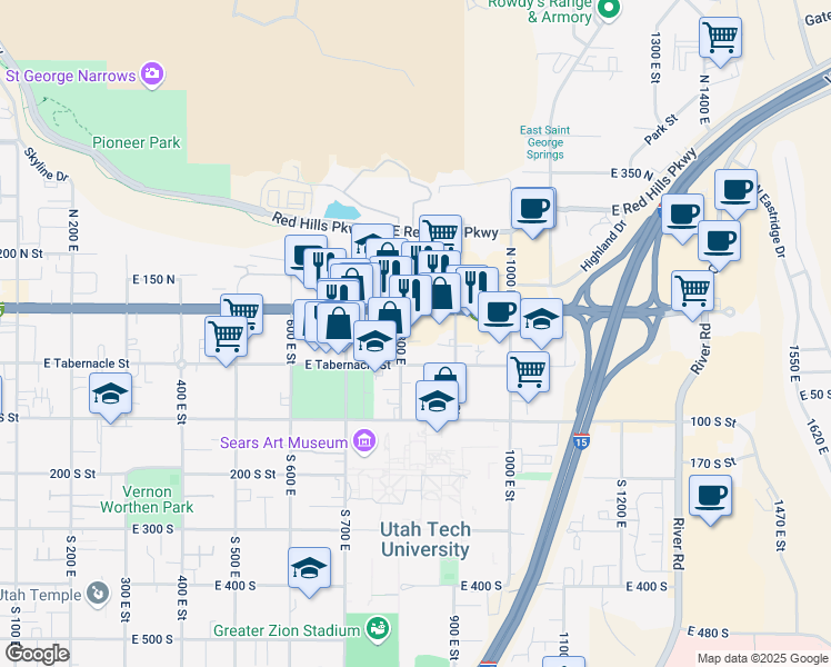 map of restaurants, bars, coffee shops, grocery stores, and more near 60 800 East in St. George