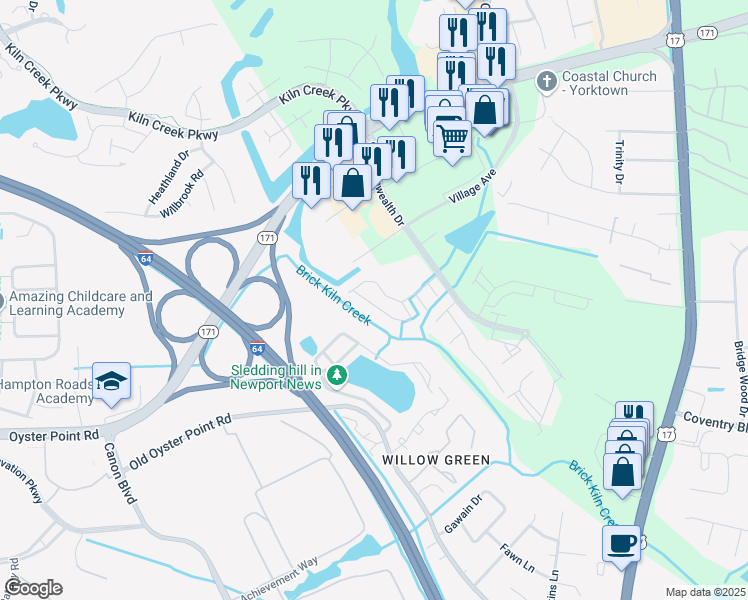 map of restaurants, bars, coffee shops, grocery stores, and more near 814 Greystone Trace in Newport News