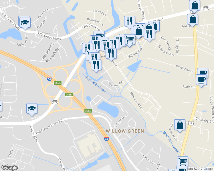 map of restaurants, bars, coffee shops, grocery stores, and more near 814 Greystone Trace in Newport News