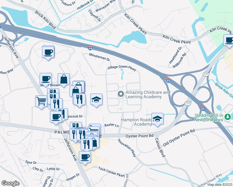 map of restaurants, bars, coffee shops, grocery stores, and more near 612 Brandywine Drive in Newport News