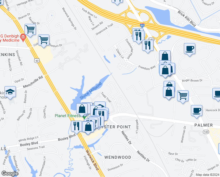 map of restaurants, bars, coffee shops, grocery stores, and more near 1100 Arboretum Way in Newport News