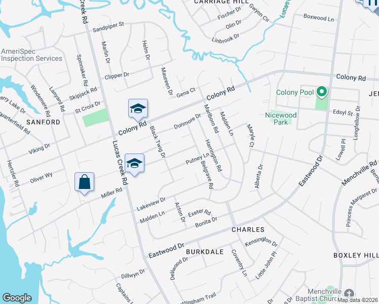 map of restaurants, bars, coffee shops, grocery stores, and more near 449 Putney Lane in Newport News