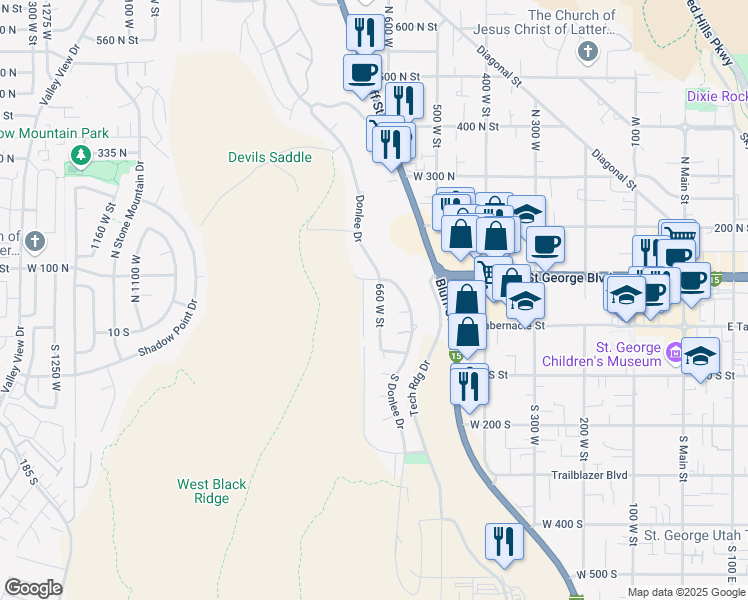 map of restaurants, bars, coffee shops, grocery stores, and more near 67 North 660 West in St. George