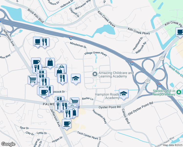map of restaurants, bars, coffee shops, grocery stores, and more near 612 Brandywine Drive in Newport News