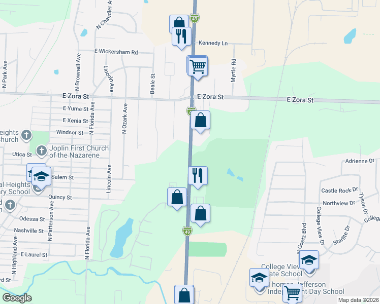 map of restaurants, bars, coffee shops, grocery stores, and more near 1919 North Range Line Road in Joplin