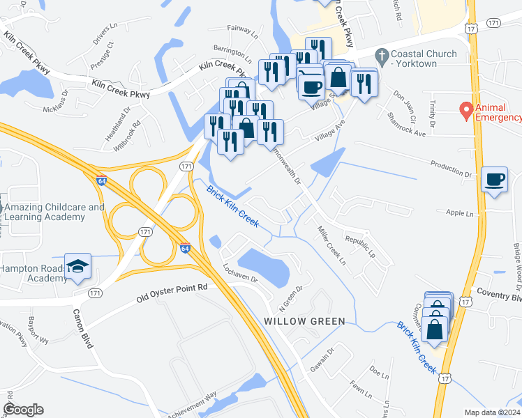 map of restaurants, bars, coffee shops, grocery stores, and more near 811 Greystone Trace in Newport News