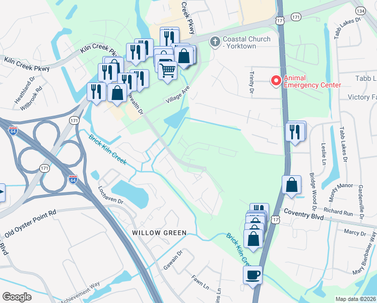 map of restaurants, bars, coffee shops, grocery stores, and more near 101 Mainsail Loop in Tabb