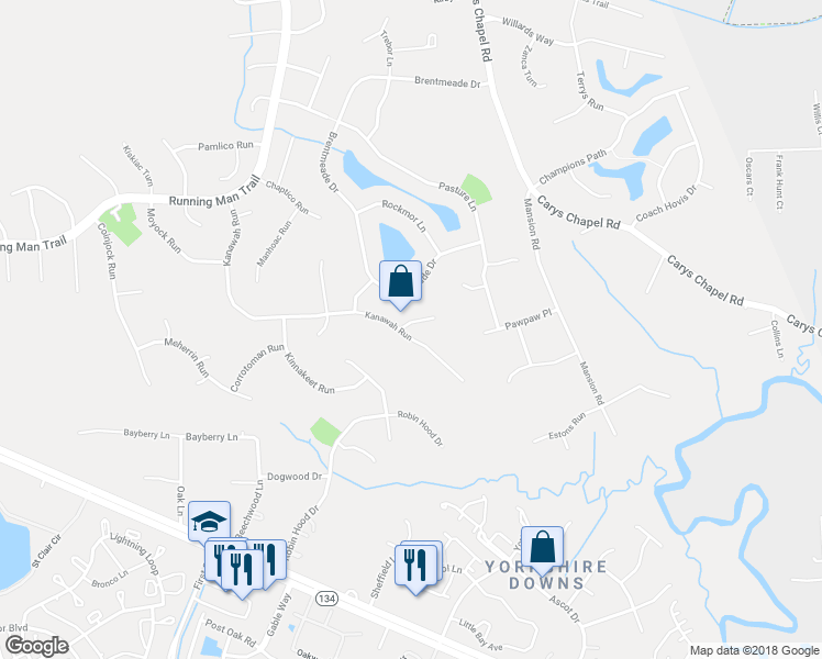 map of restaurants, bars, coffee shops, grocery stores, and more near 701 Kanawah Run in Yorktown