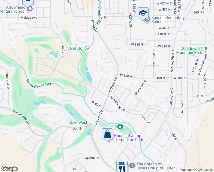 map of restaurants, bars, coffee shops, grocery stores, and more near 1854 Stonebridge Drive in St. George