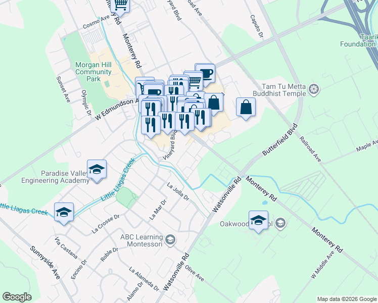 map of restaurants, bars, coffee shops, grocery stores, and more near 15665 Nice Lane in Morgan Hill