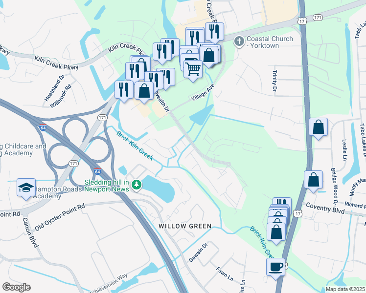 map of restaurants, bars, coffee shops, grocery stores, and more near 725 Oak Mill Lane in Newport News