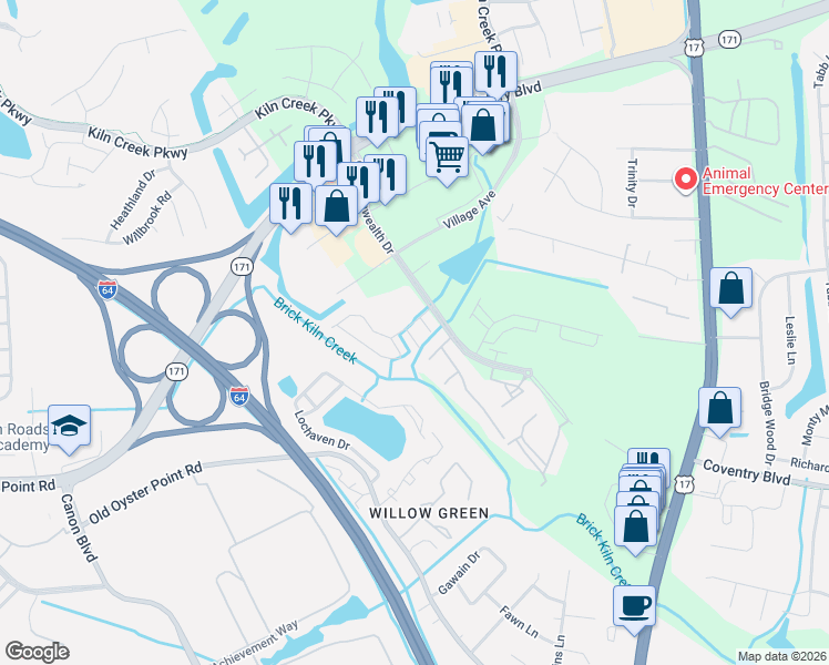map of restaurants, bars, coffee shops, grocery stores, and more near 725 Oak Mill Lane in Newport News