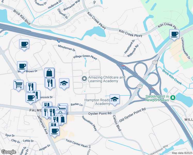 map of restaurants, bars, coffee shops, grocery stores, and more near 701 Prescott Circle in Newport News