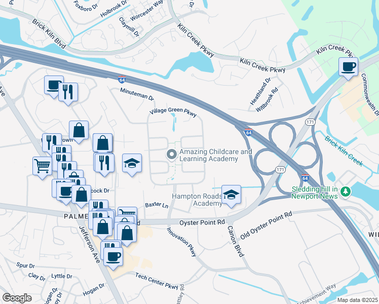 map of restaurants, bars, coffee shops, grocery stores, and more near in Newport News