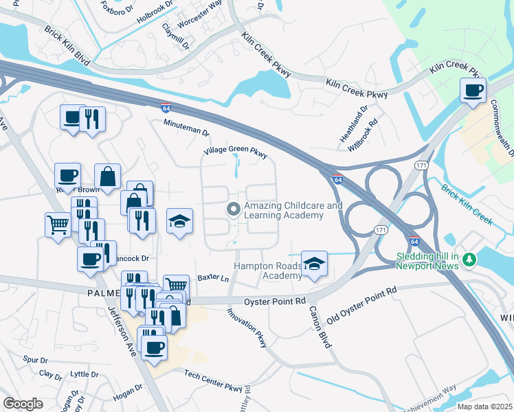 map of restaurants, bars, coffee shops, grocery stores, and more near in Newport News