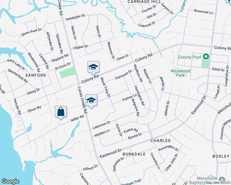 map of restaurants, bars, coffee shops, grocery stores, and more near 460 Putney Lane in Newport News