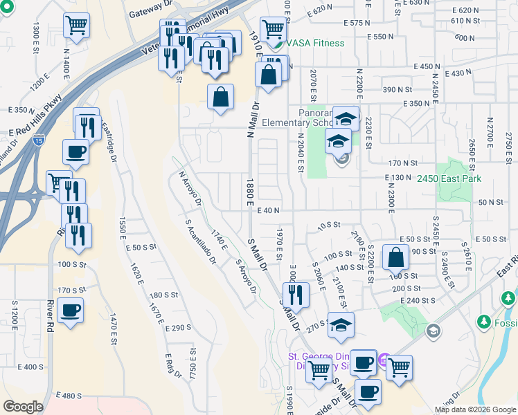 map of restaurants, bars, coffee shops, grocery stores, and more near 1913 East 10 North Circle in St. George