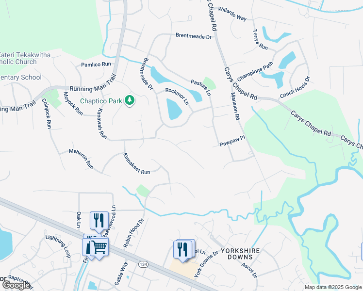 map of restaurants, bars, coffee shops, grocery stores, and more near 701 Kanawah Run in Yorktown