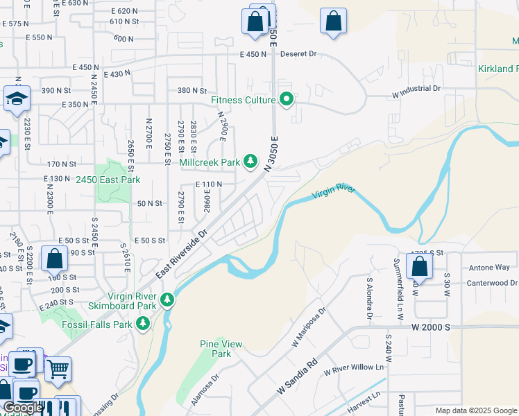 map of restaurants, bars, coffee shops, grocery stores, and more near 2990 East Riverside Drive in St. George