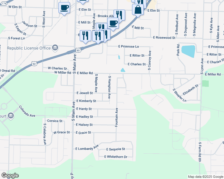 map of restaurants, bars, coffee shops, grocery stores, and more near 704 South Hampton Avenue in Republic