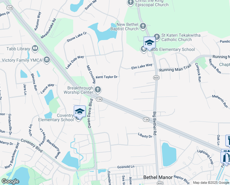 map of restaurants, bars, coffee shops, grocery stores, and more near 610 Lakeland Crescent in Yorktown